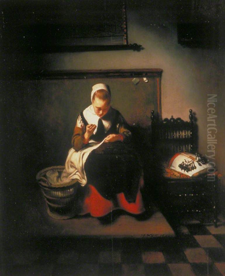 A Young Woman Sewing Oil Painting by unknown