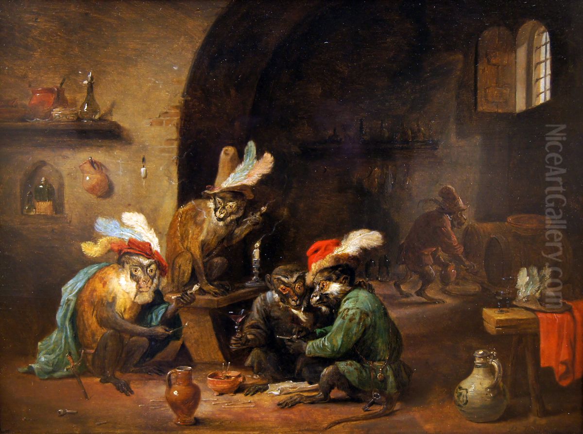 Smoking monkeys Oil Painting by David Teniers the Younger