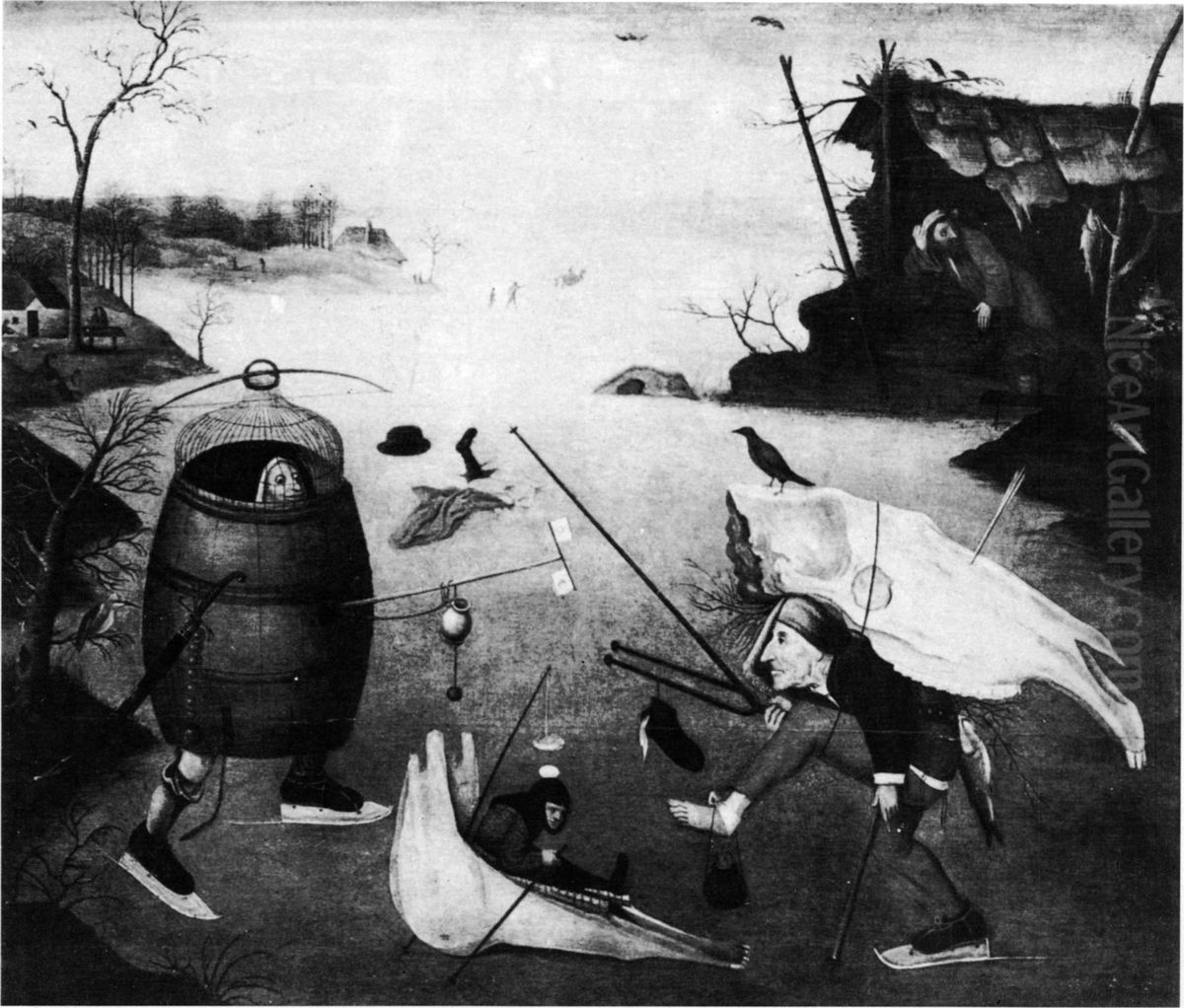 Twee schaatsers in gevecht.[1] Oil Painting by Hieronymous Bosch