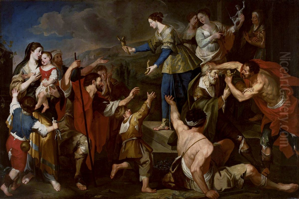 Saint Christina giving idols of gold to the poor Oil Painting by Massimo Stanzione