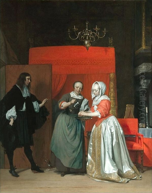 Homme visitant une Femme se lavant les mains Oil Painting by Gabriel Metsu