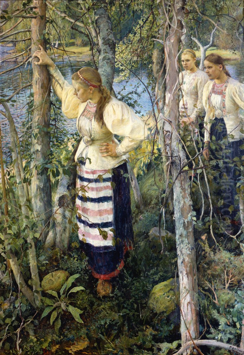 Neiet niemien nenissa Oil Painting by Pekka Halonen