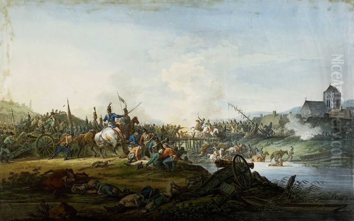 Fighting for a river crossing. Oil Painting by Aleksander Orlowski