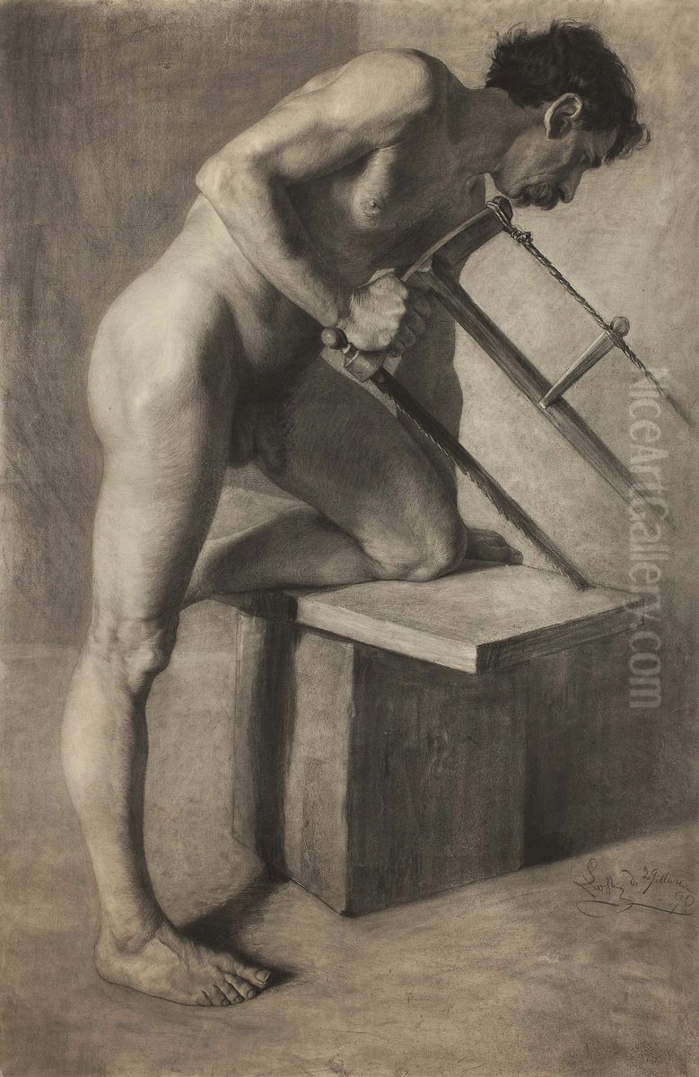 Male nude sawing a board. Oil Painting by Ignacy Lopienski