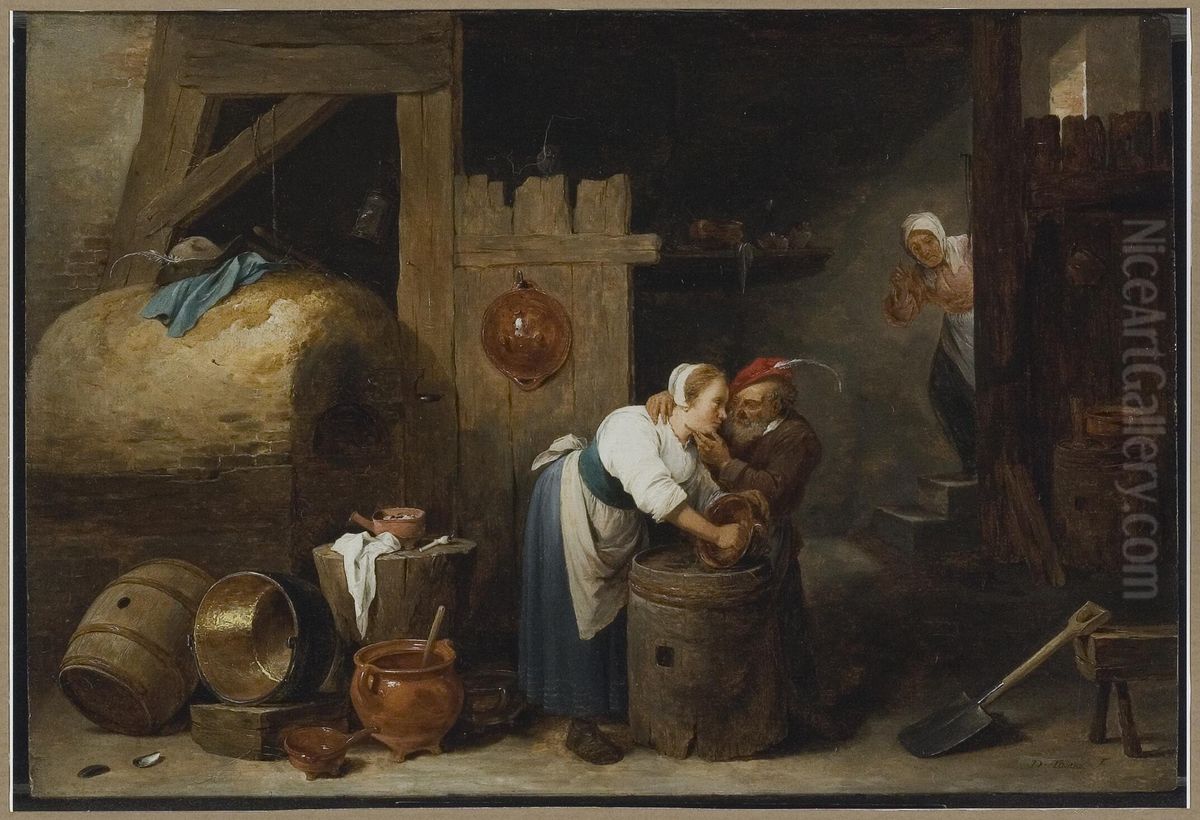 Interior with a young woman scrubbing pots while an old man troubles her Oil Painting by David Teniers the Younger