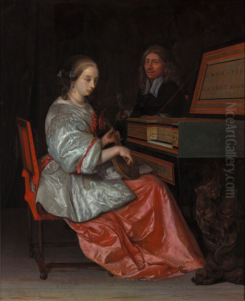 Woman at a virginal with a cittern on her lap, accompanied by a man Oil Painting by Eglon van der Neer