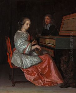 Woman at a virginal with a cittern on her lap, accompanied by a man