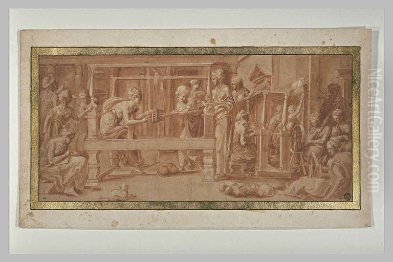 Penelope et ses suivantes tissant Oil Painting by Francesco Primaticcio