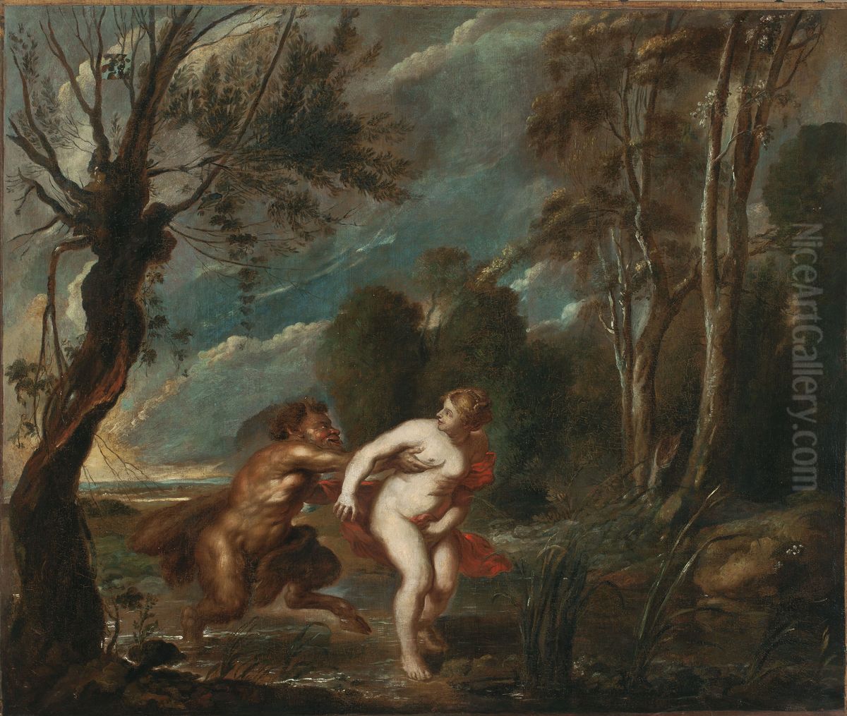 Landscape with a nymph and a satyr Oil Painting by (studio of) Rubens, Peter Paul