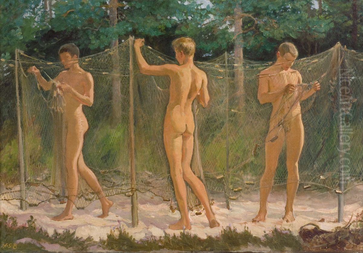 Boys Gathering a Fishing Net Oil Painting by Venny Soldan-Brofeldt
