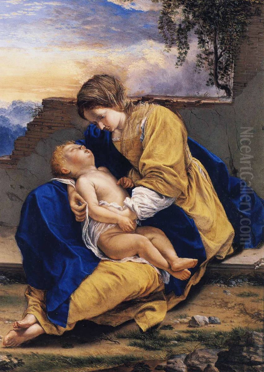Madonna and Child in a Landscape Oil Painting by Orazio Gentileschi