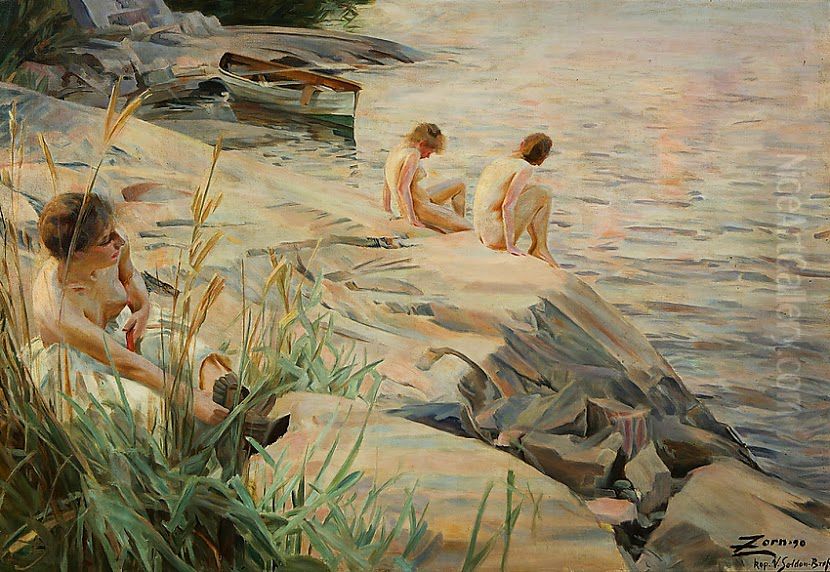 Bathing Girls (Outdoors) Oil Painting by Venny Soldan-Brofeldt