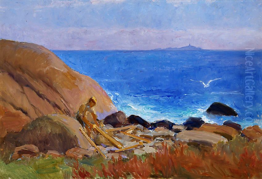 Pojke bygger flotte Oil Painting by Venny Soldan-Brofeldt