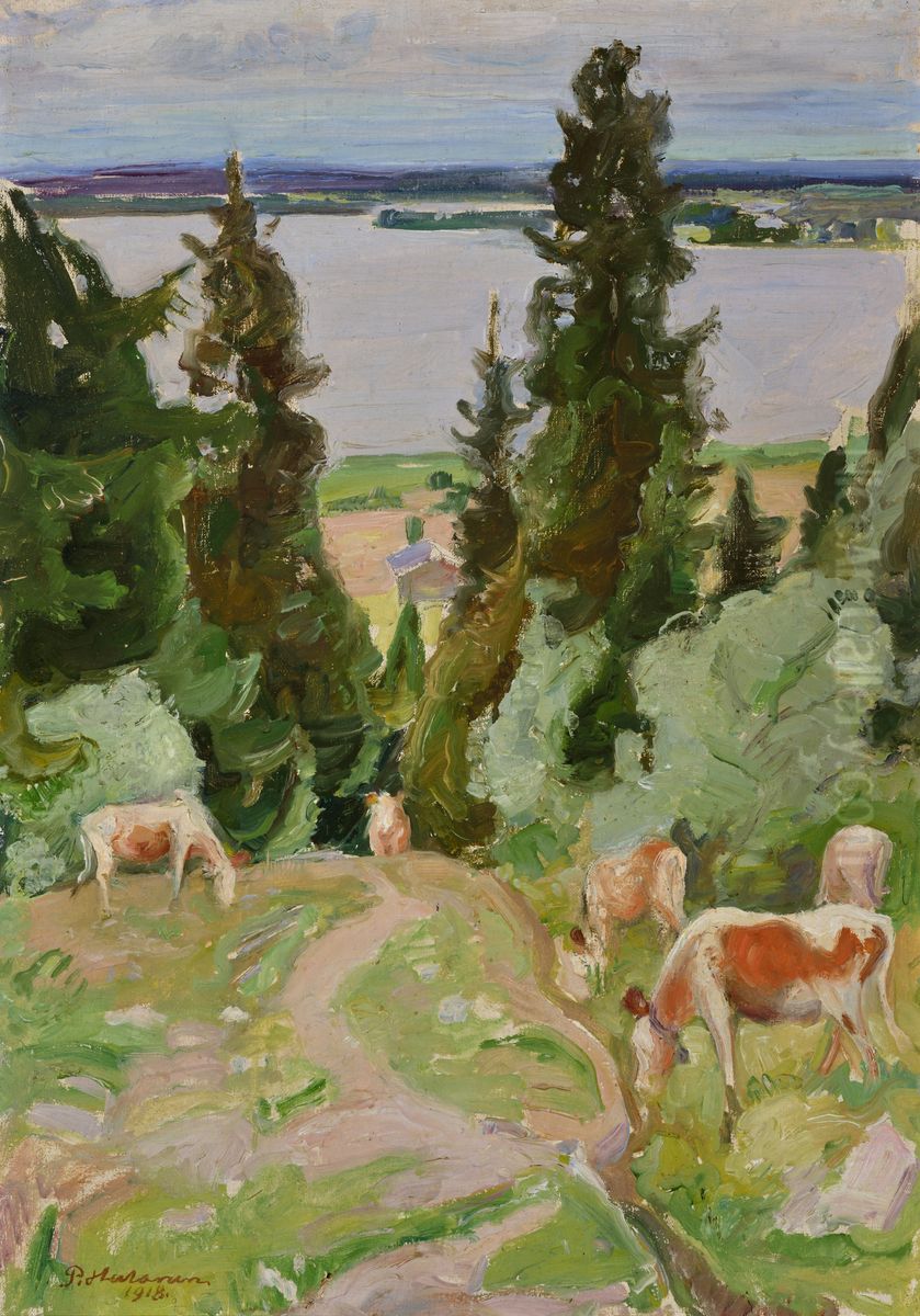 Lehmia Vaisalanmaella Oil Painting by Pekka Halonen