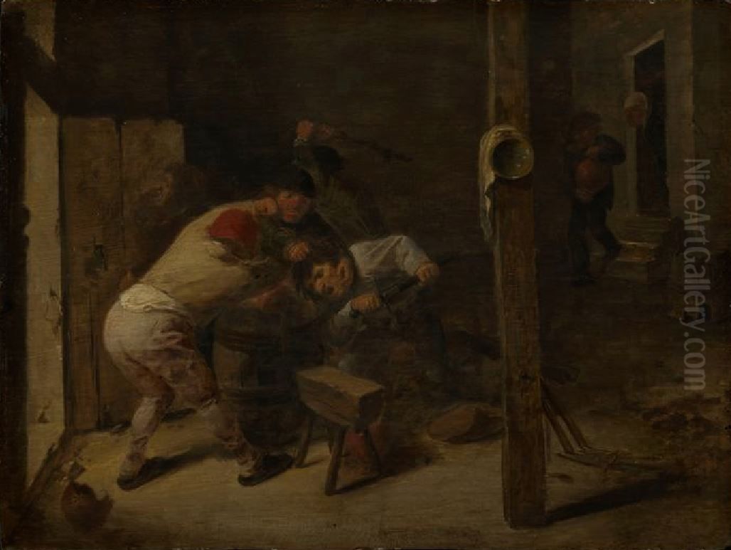 Keilerei zwischen funf Bauern Oil Painting by Adriaen Brouwer