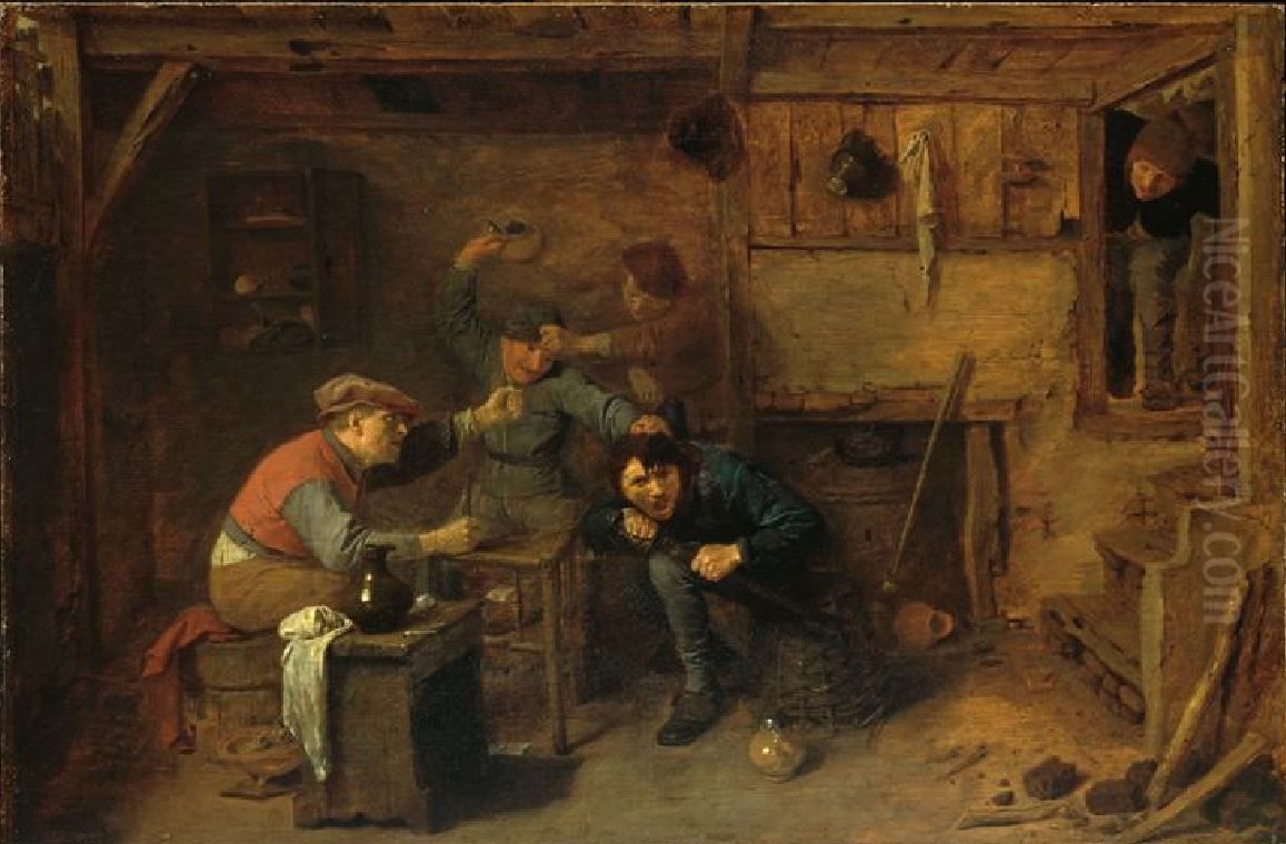 Vechtende kaartspelers in een herberg Oil Painting by Adriaen Brouwer