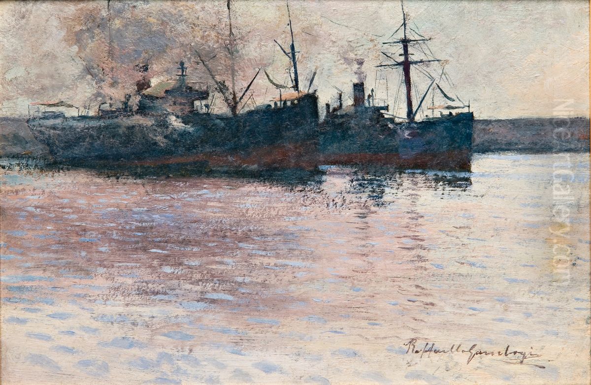 Laivat Livornon satamassa Oil Painting by Raffaello Gambogi