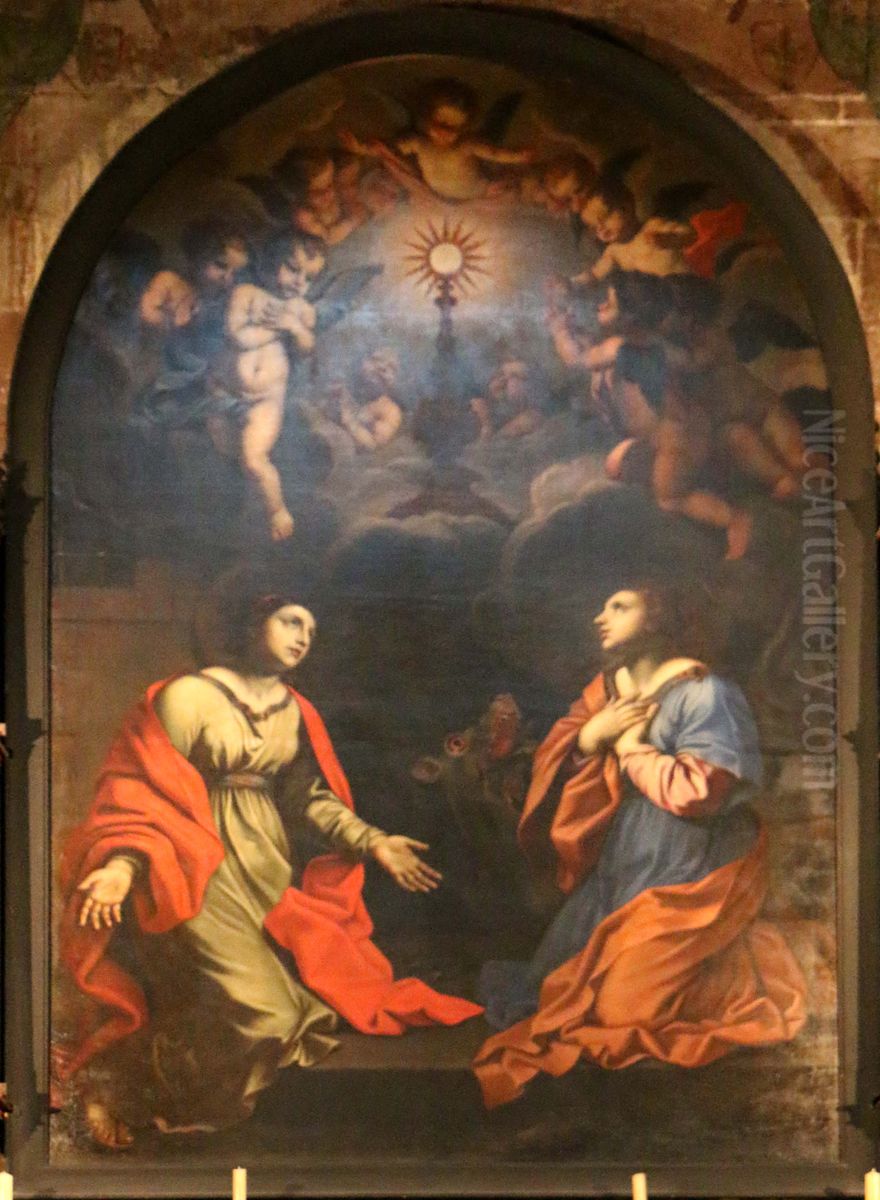 Saint Barbara and Saint Marguerite adoring the Blessed Sacrament Oil Painting by Nicolas Mignard