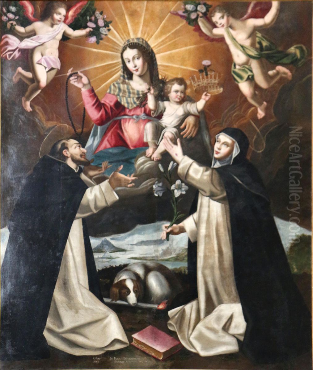 sainte Catherine de Sienne et saint Dominique recevant le rosaire des mains de la Vierge Oil Painting by unknown