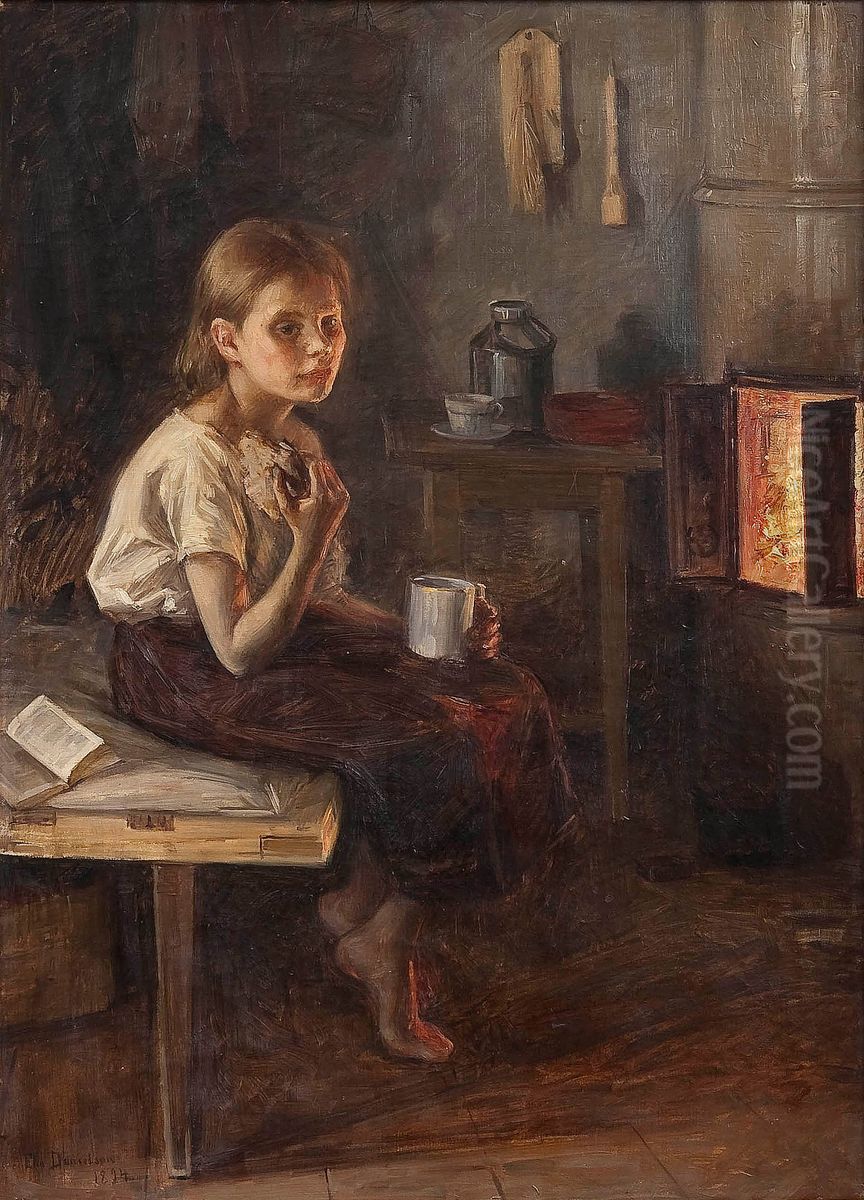 Flicka framfor kagelugnen Oil Painting by Elin Danielson-Gambogi