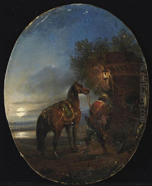 Cavalier A Cheval Arrivant A L'auberge Oil Painting by Felice Cerruti-Beauduc