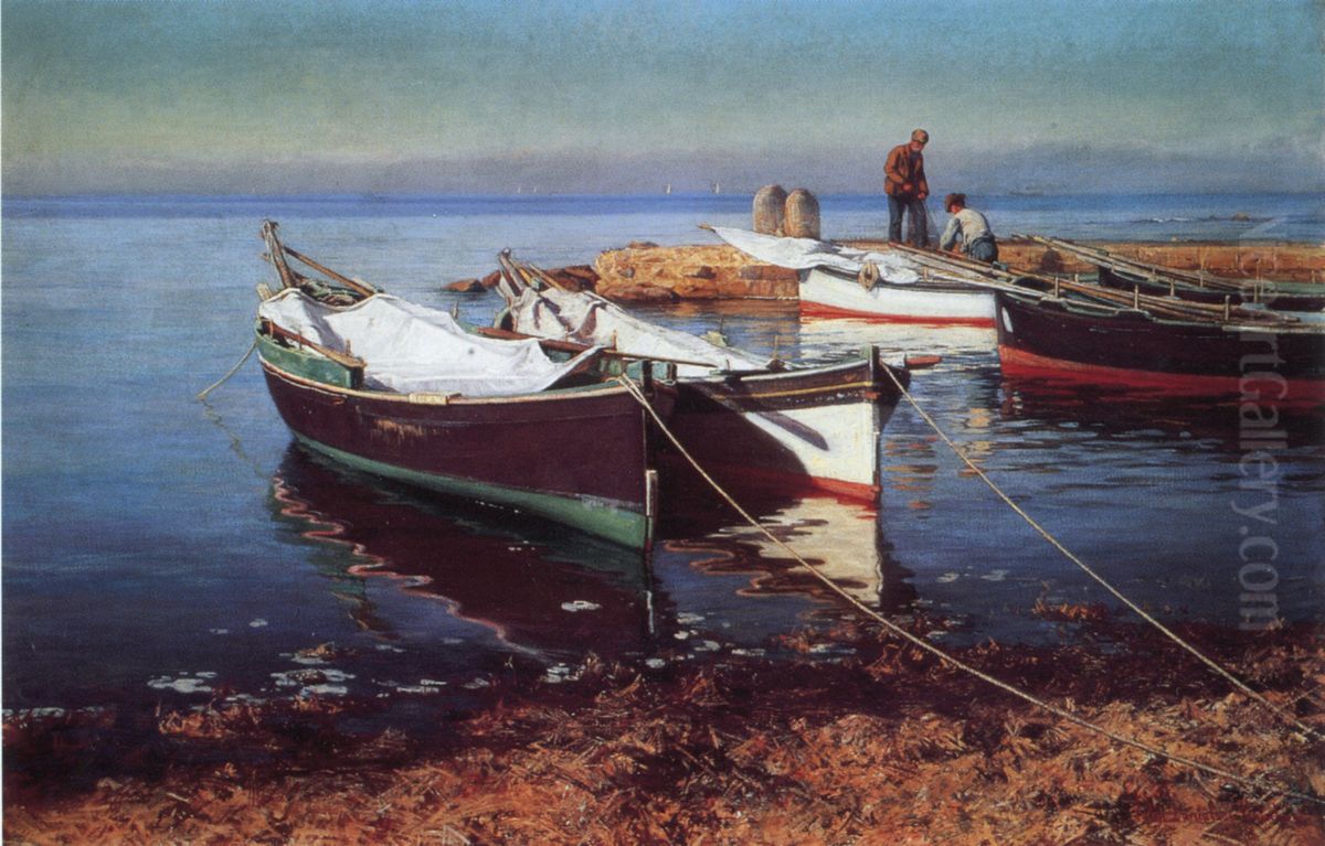 Fishing boats Oil Painting by Elin Danielson-Gambogi