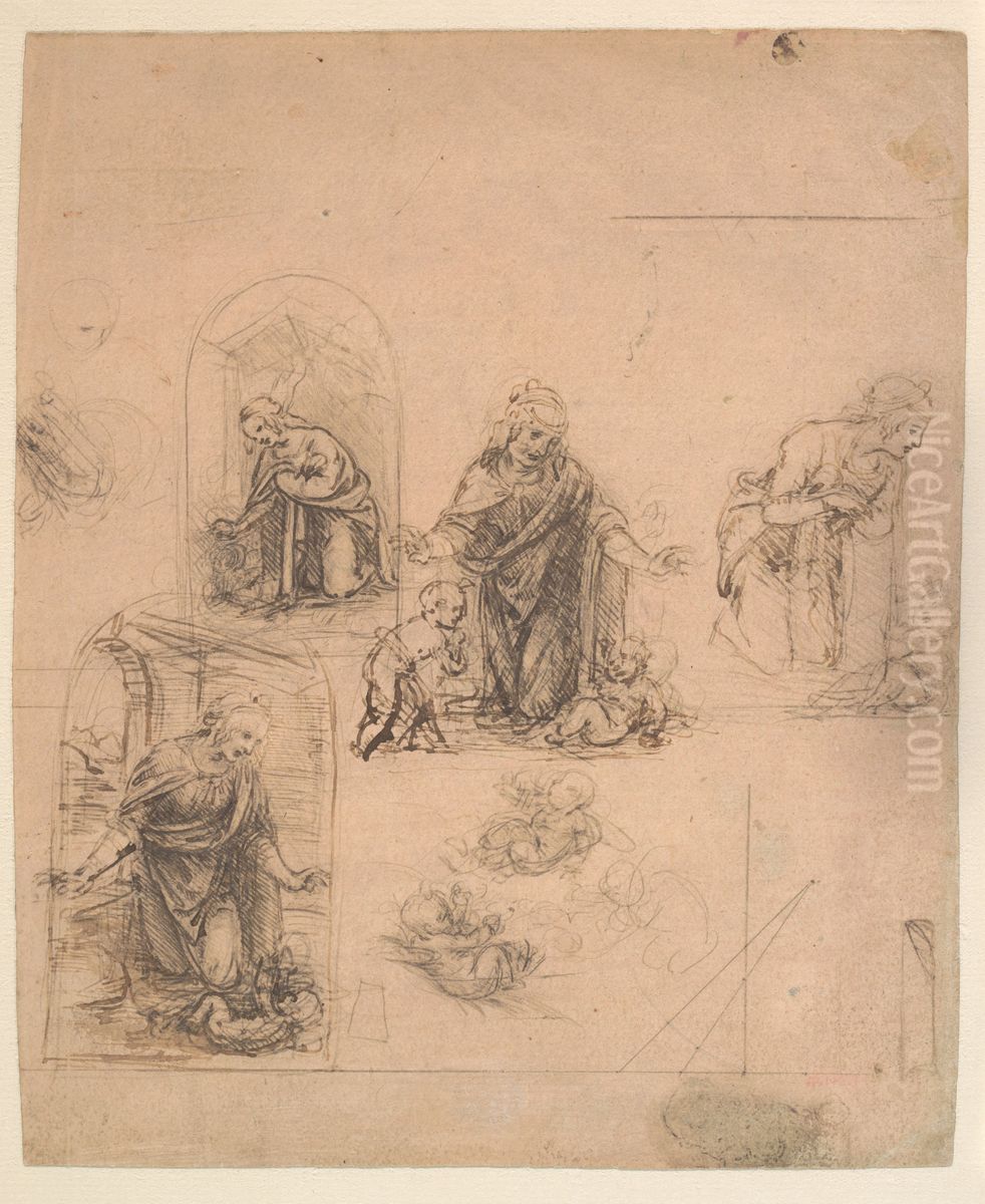 Compositional Sketches for the Virgin Adoring the Christ Child, with and without the Infant St. John the Baptist; Diagram of a Perspectival Projection (recto); Slight Doodles (verso) Oil Painting by Leonardo Da Vinci