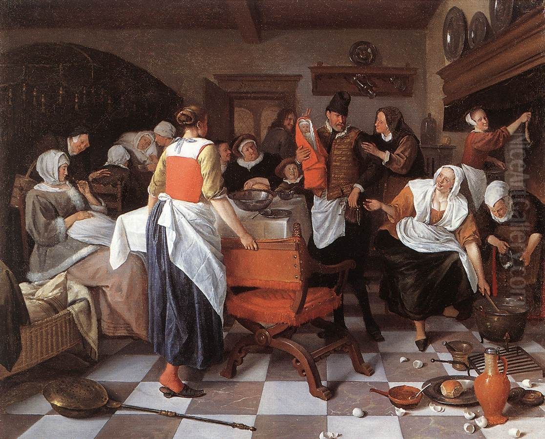 Celebrating the Birth Oil Painting by Jan Steen