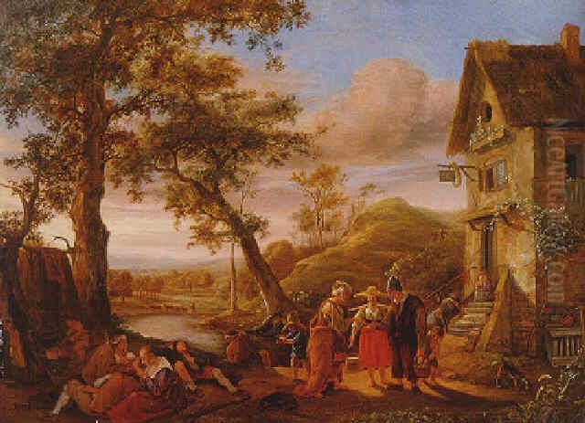 A landscape with peasants resting by an inn and a gypsy woman reading a man's palm Oil Painting by Jan Steen