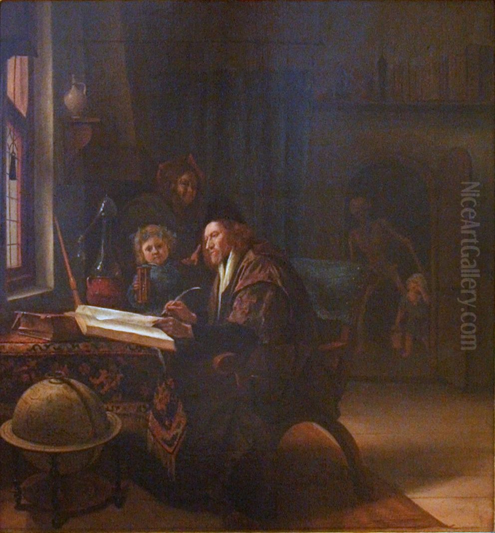Scholar in his study with Death entering Oil Painting by Jan Steen
