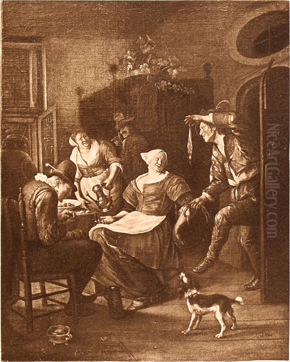 Merry company in an interior, 'Het minnenaanbod' Oil Painting by Jan Steen