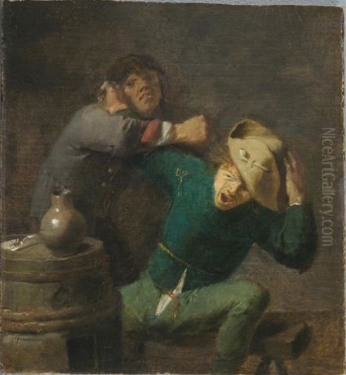 Zwei raufende Bauern am Fass Oil Painting by Adriaen Brouwer