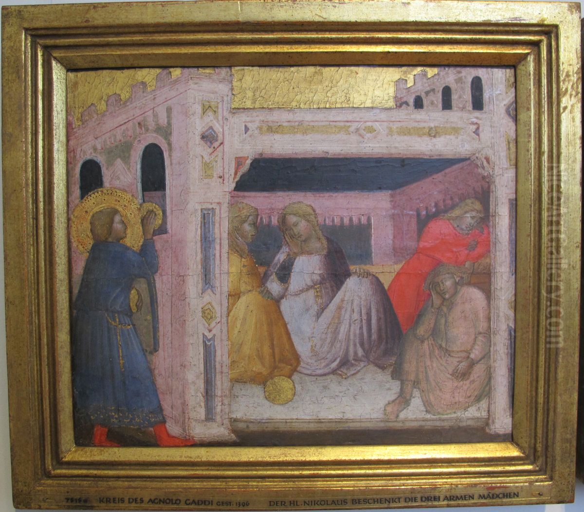 Der hl. Nikolaus beschenkt drei arme Madchen Oil Painting by Agnolo Gaddi