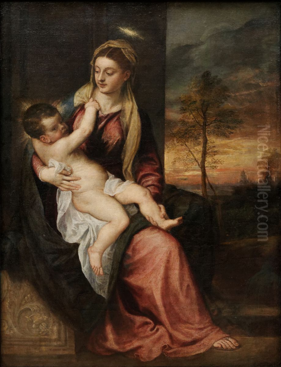 Madonna and Child in an Evening Landscape Oil Painting by Titian