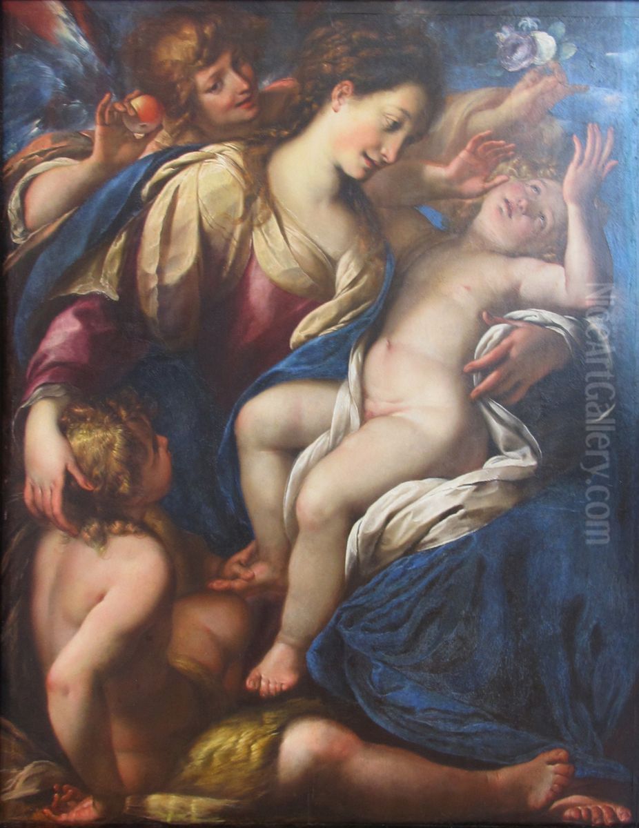 Madonna with child, John the Baptist, and an angel Oil Painting by Giulio Cesare Procaccini