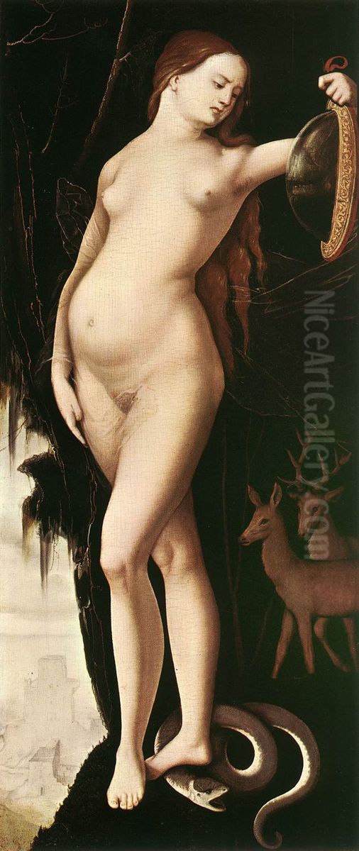 Woman with mirror, serpent, stag and dog Oil Painting by Hans Baldung Grien