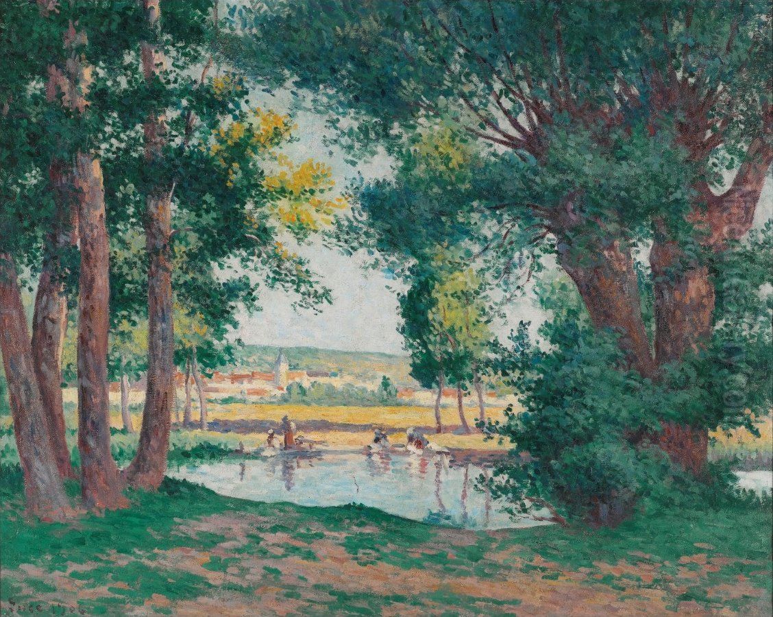 Bessy-Sur-Cure, les Lavandieres au Bord de l'Eau Oil Painting by Maximilien Luce