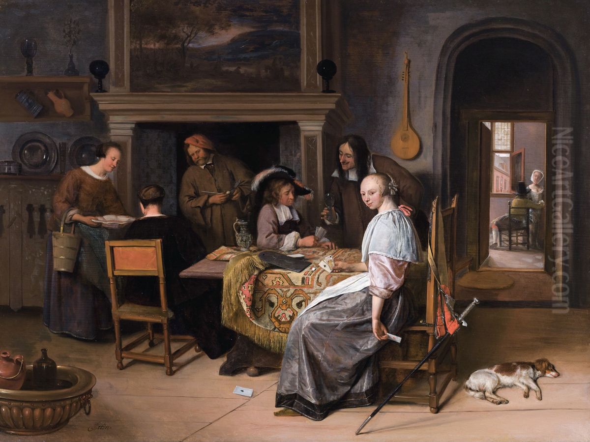 Company playing cards in an interior Oil Painting by Jan Steen