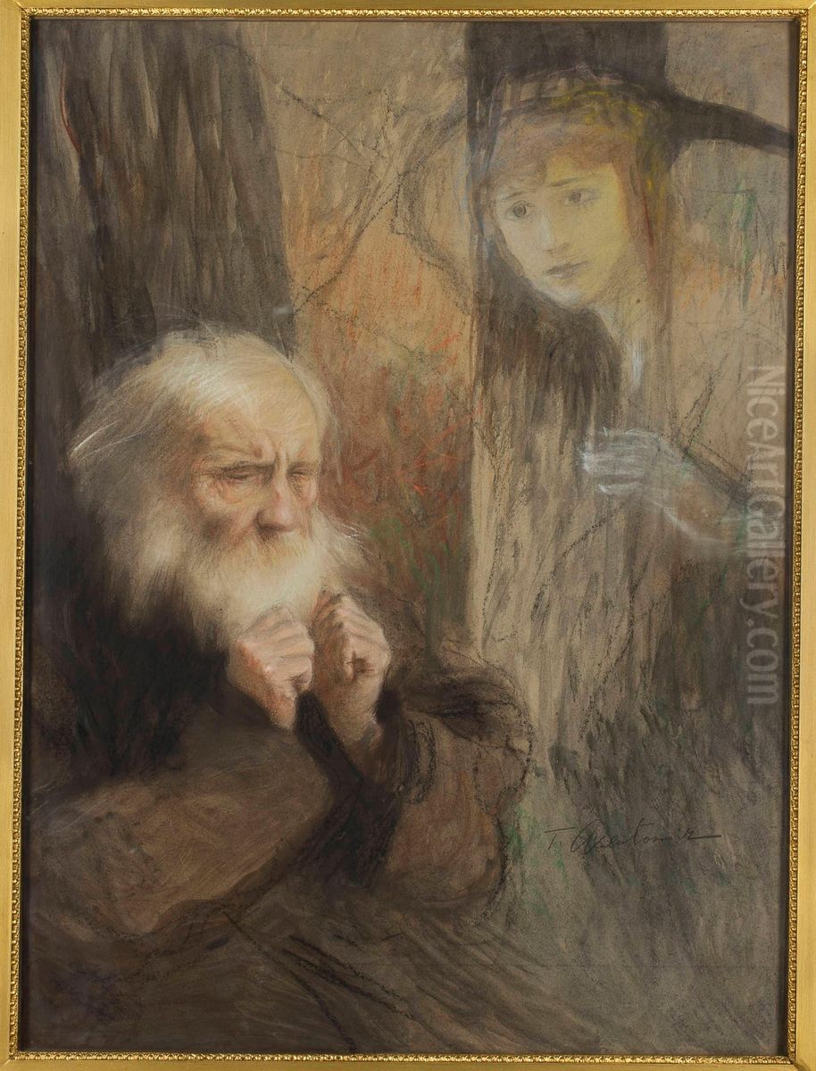 Wizja - wspomnienie, inne tytuly: Starosc i mlodosc ; Starzec i zjawa mlodej kobiety ; Starzec z dziewczyna Oil Painting by Teodor Axentowicz