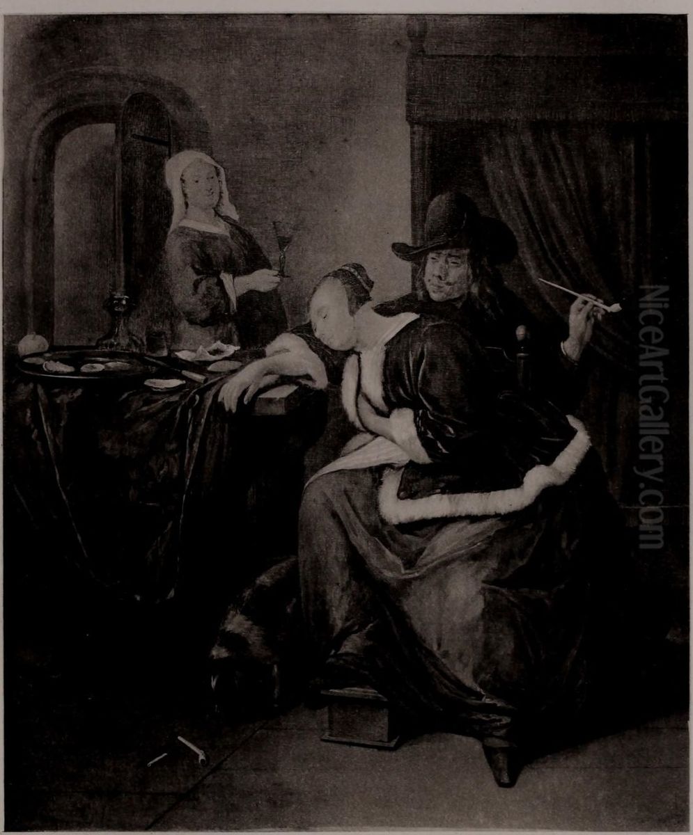 A Girl Asleep and a Man Smoking Oil Painting by Jan Steen