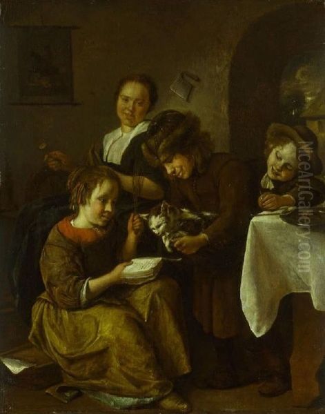Kinder bringen einer Katze das Lesen bei Oil Painting by Jan Steen