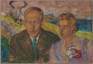 Double portrait of Helena Lisinska and Jan Gadomski, with a burning city background