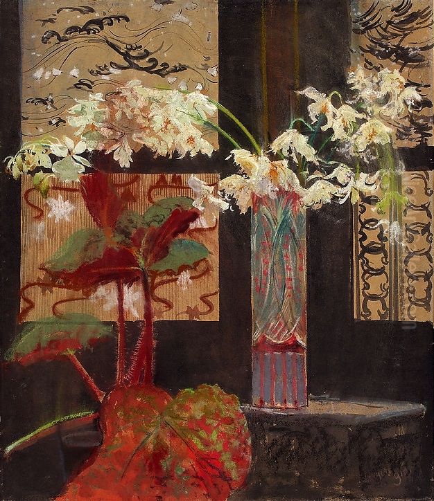 White orchids and begonia. Oil Painting by Leon Wyczolkowski