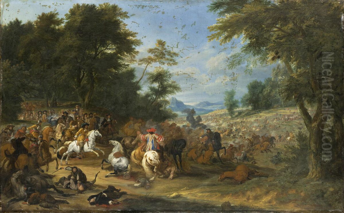 Battle at the entrance to a forest. Oil Painting by Adam Frans van der Meulen