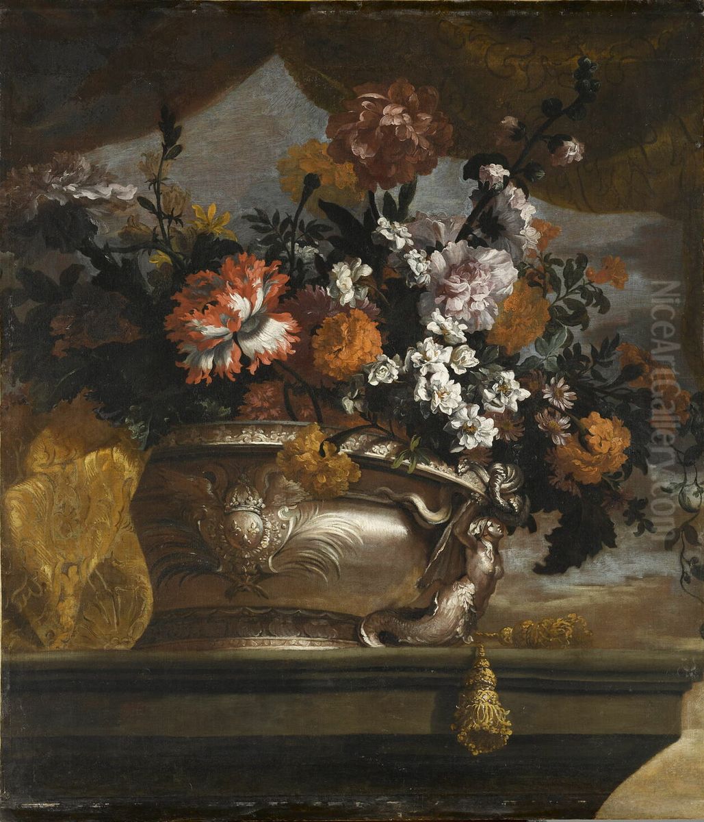 Silver vase with the arms of France decorated with flowers Oil Painting by Jean-Baptiste Monnoyer