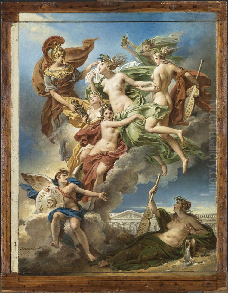 Les Nymphes de Parthenope, emportant loin de leurs rivages les Penates, images de leurs dieux, sont conduites par la deesse des Beaux-Arts sur les bords de la Seine, esquisse Oil Painting by Charles Meynier