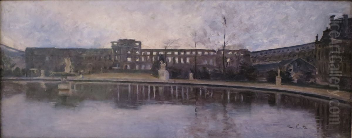The Tuileries Palace after the fire of 1871, seen from the Grand Bassin in the garden Oil Painting by Siebe Johannes ten Cate