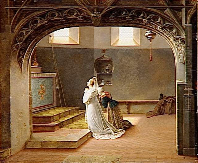 Gabrielle d'Arjuzon priant pour le retablissement de la sante de sa mere Oil Painting by Marie-Philippe Coupin de la Couperie