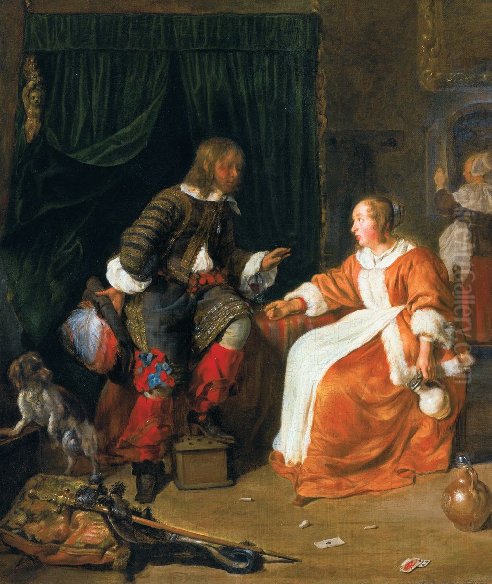 Woman offering a glass of wine to a man Oil Painting by Gabriel Metsu