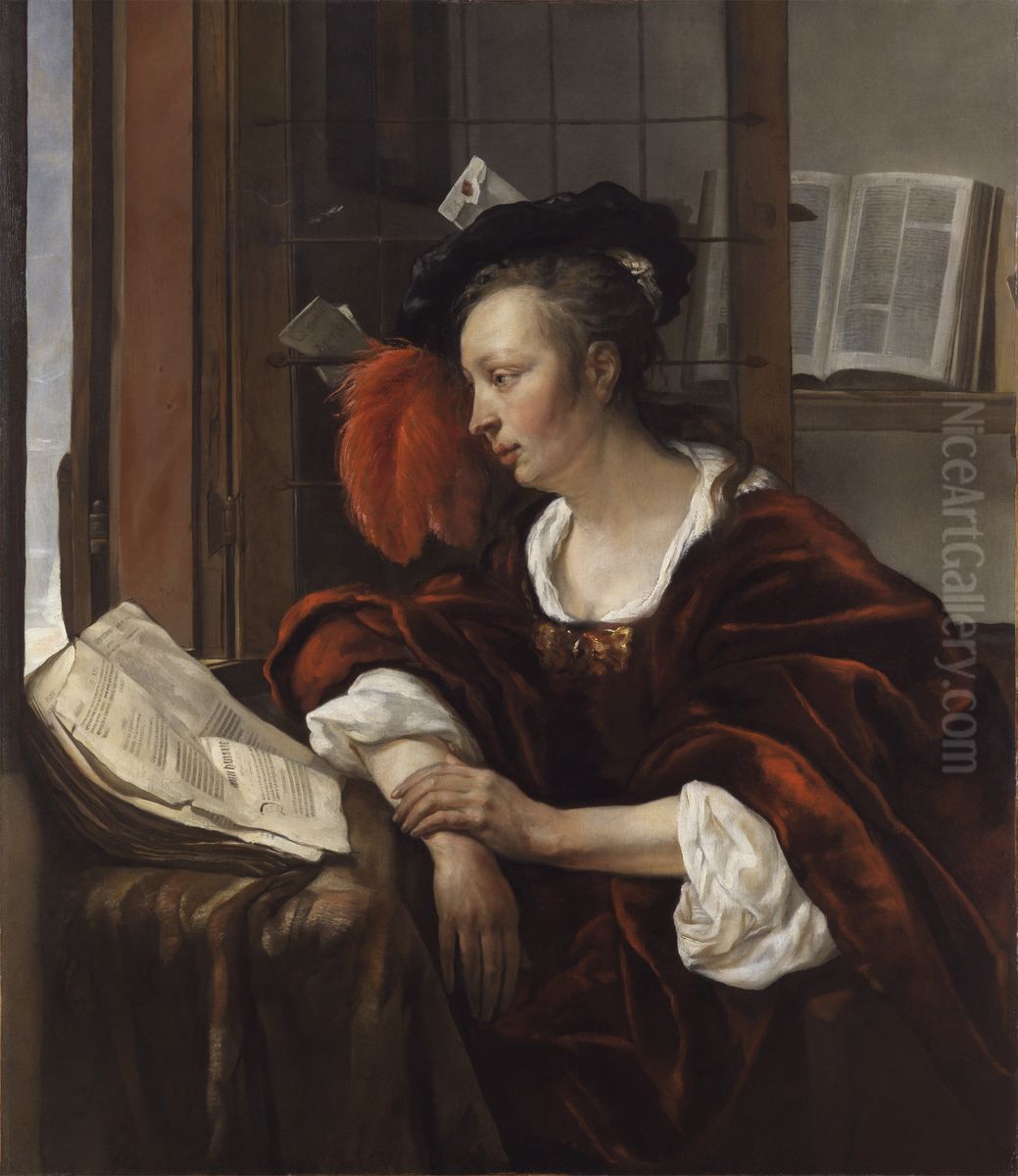 Woman Reading a Book by a Window Oil Painting by Gabriel Metsu